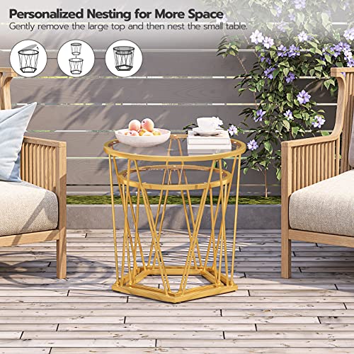 HOOBRO Small Coffee Table Set of 2, Round Coffee End Table with Metal Frame, Glass Tabletop, Gold Side Table for Living Room, Bedroom and Balcony, Modern Style, Gold GD79BZ01