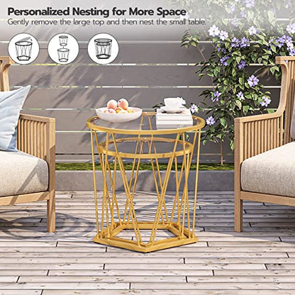 HOOBRO Small Coffee Table Set of 2, Round Coffee End Table with Metal Frame, Glass Tabletop, Gold Side Table for Living Room, Bedroom and Balcony, Modern Style, Gold GD79BZ01
