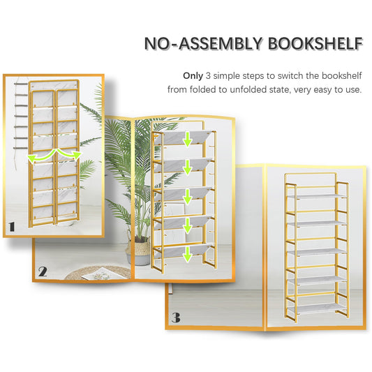 4NM No Assembly 5 Tiers Folding Bookshelf Storage Shelves Vintage Bookcase Standing Racks Study Organizer Home Office (White Gold) - color: White Gold, size: Standard 5 Tiers
