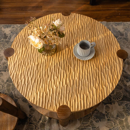 34.65'' Round Coffee Table 2-Tier for Living Room, Modern Mid-Century Circle Carved Handcrafted Solid Wood Coffee Table, Easy Assembly, Natural - color: Ø34.65''-natural Wood