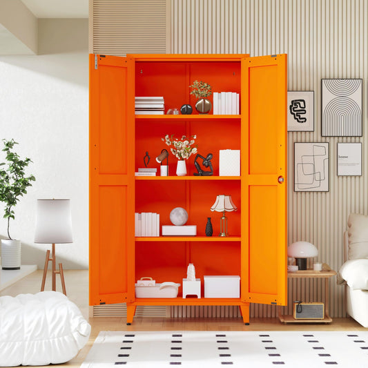 61" Tall Farmhouse Metal Storage Cabinet, Kitchen Pantry Storage Cabinets with 2 Barn Door and 3 Adjustable Shelves, for Home, Office, Kitchen, Laundry Room, Kids Room, Entryway, Orange - color: Sunlight, style: Cabinet-61"H-DL