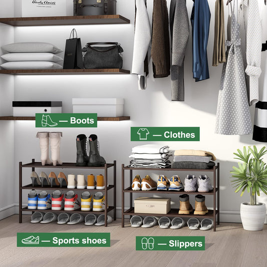 kiplant Bamboo Shoe Rack for Entryway, 3-Tier Stackable | Foldable | Natural, Shoe Organizer for Hallway Closet, Free Standing Shoe Racks for Indoor Outdoor - color: Brown, size: 3-Tier
